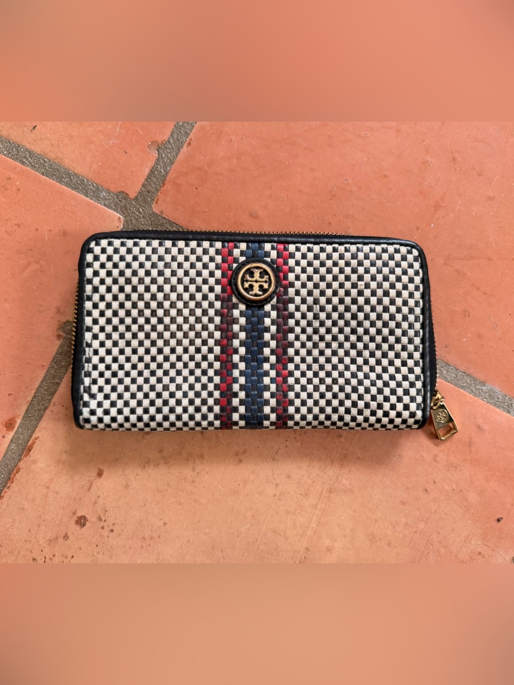 Tory Burch Black & White Checker Zip Wallet with Red and Blue Center Stripes